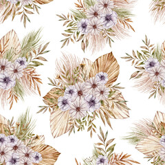 Naklejka premium Autumn or summer boho tropical bouquet seamless pattern, watercolor floral endless print template isolated on transparent background for wrapping, scrapbook, packaging paper. Floral illustration