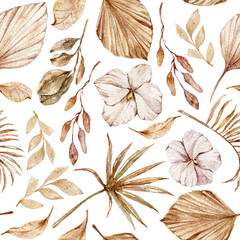 Autumn or summer boho tropical seamless pattern, watercolor floral endless print template isolated on transparent background for wrapping, scrapbook, packaging paper. Floral illustration © Tiana_Geo