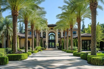 Obraz premium Luxurious mansion with palm tree driveway
