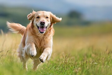 Happy golden retriever running in grass field