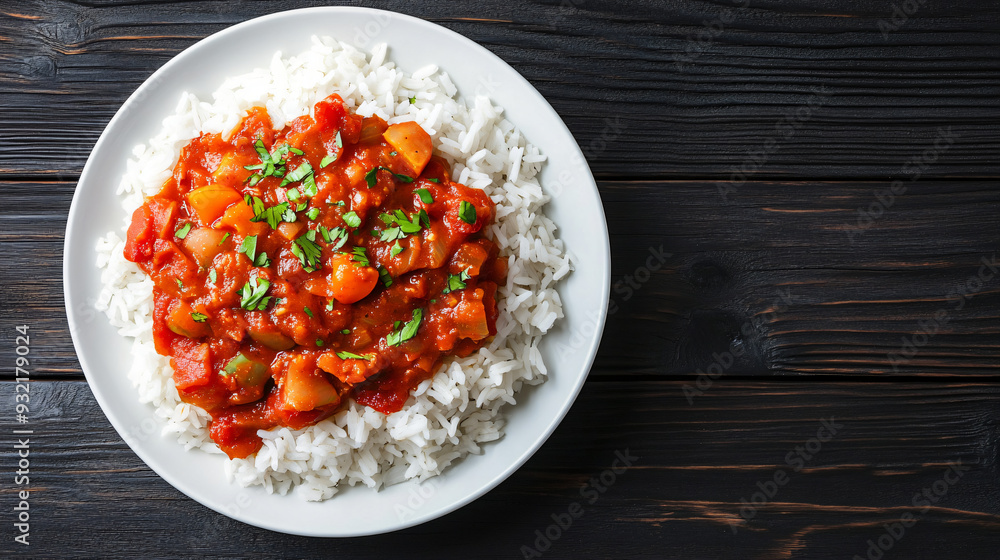 Poster steaming vegetable curry and rice served on a dark wooden table with a white plate