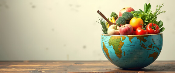 World Food Day illustration featuring a globe filled with fresh vegetables and fruits
