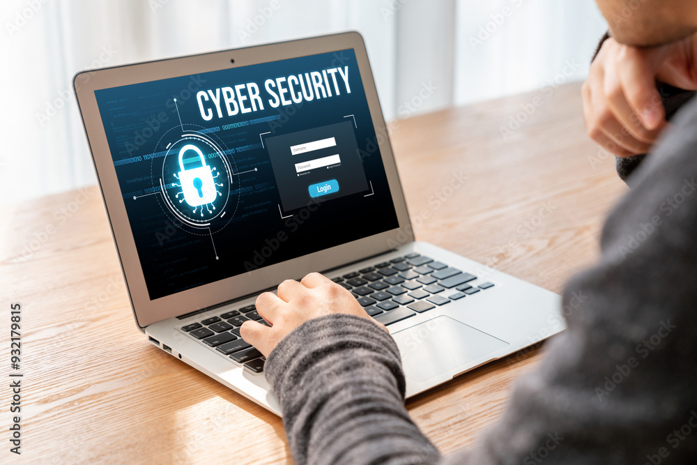 Poster cyber security system on computer screen protect private information snugly from hacker and cyber at