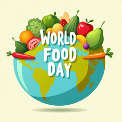 World Food Day illustration featuring a globe surrounded by colorful fruits and vegetables