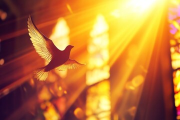 Pigeon flying in a church against stained glass windows background and sunlight. Christian, worship and religious concept.