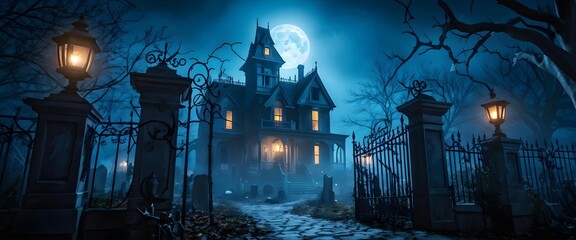 Gothic haunted house under full moon, eerie atmosphere, spooky Halloween background. Generative AI