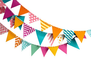Colorful party bunting flags hanging in a festive arch. Perfect for celebrations and events.