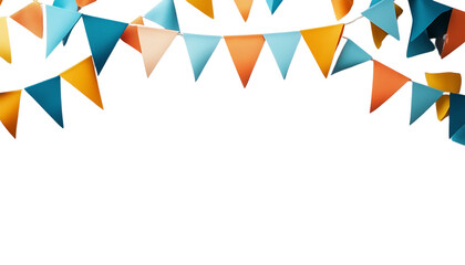 Colorful bunting flags hanging against, perfect for celebrating birthdays, holidays, or other special occasions.