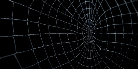 Detailaufnahme eines Spinnennetzes vor einem tiefschwarzen Hintergrund, das zarte und symmetrische Muster der feinen F&auml;den hervorhebend und die kunstvolle Struktur in beeindruckender Sch&auml;rfe darstelle