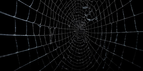 Naklejka premium Zentral ausgerichtete Nahaufnahme eines Spinnennetzes mit unregelmäßigen Fäden und Löchern, die die natürliche Zerbrechlichkeit und die handwerkliche Komplexität der Struktur betonen