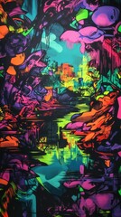 Vibrant abstract landscape with neon colors reflecting on water