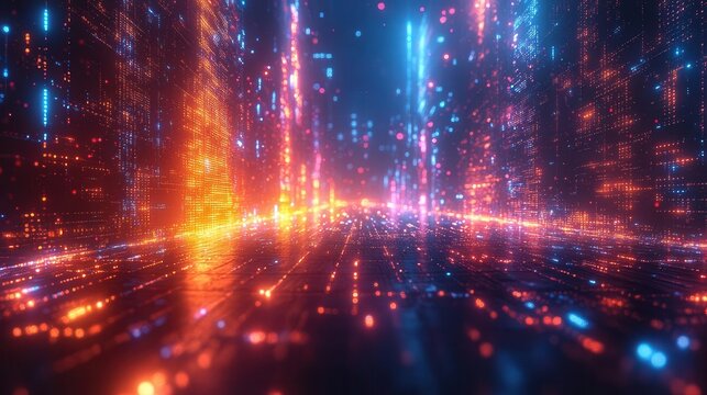 futuristic digital landscape with neon circuit patterns glowing abstract shapes floating in a virtual cyberspace realm vibrant colors against a dark backdrop