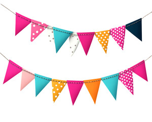Fototapeta premium Colorful festive bunting flags hanging on string, perfect for party decorations or celebratory occasions.