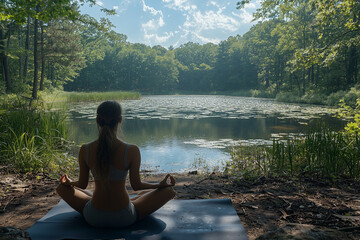 Fototapeta premium A peaceful wellness retreat in nature, where individuals find calm and rejuvenation through mindfulness practices and yoga by the water.