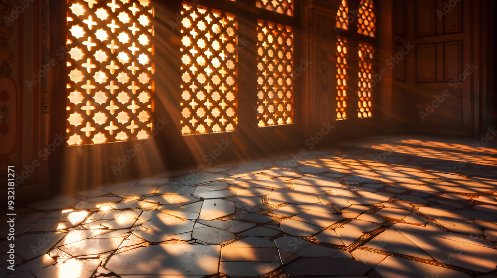 Aufkleber sunbeams filtering through ornate windows in a historic building. generative ai.
