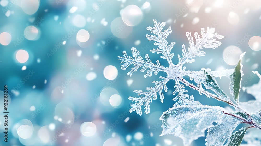 Poster a delicate snowflake on a frosted branch with a blue and white bokeh background.