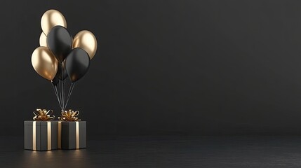 Festive golden gift boxes and balloons adorn a sleek black background, creating a vibrant yet elegant space perfect for celebrations and special occasions