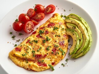 Omelet with side of avocado, healthy breakfast, 3D illustration