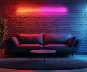 A black couch sits in a room with neon lights