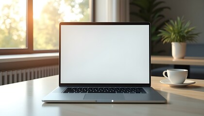 Fototapeta premium laptop lying open on a neat table, in the background natural light can be seen coming in through the window, laptop with blank screen on the table near the window, 