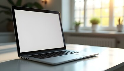 laptop lying open on a neat table, in the background natural light can be seen coming in through the window, laptop with blank screen on the table near the window, 