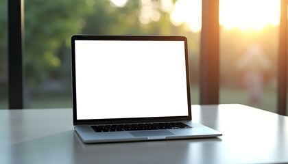 Fototapeta premium laptop lying open on a neat table, in the background natural light can be seen coming in through the window, laptop with blank screen on the table near the window, 