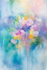 Abstract painting with soft pastel colors, light blue and turquoise tones, soft pink and purple shades, light yellow accents, thick brushstrokes, applied wet on watercolor paper