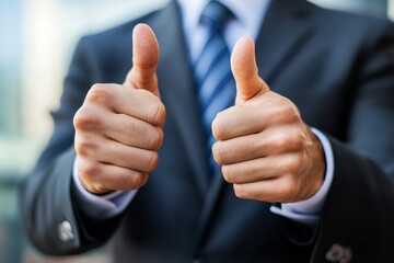 Businessman Giving Double Thumbs Up, Showing Success and Approval - A businessman in a suit gives a double thumbs up, symbolizing success, approval, positivity, agreement, and confidence.