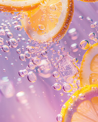 Close-Up of Lemon Slices and Ice Cubes with Bubbles in Water