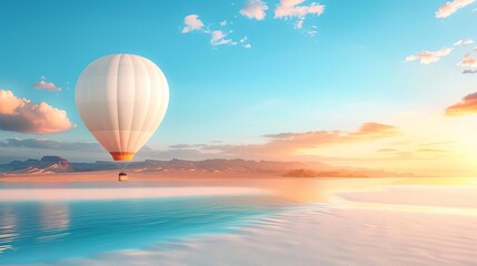 Hot air balloon flying over a desert lake at sunrise.