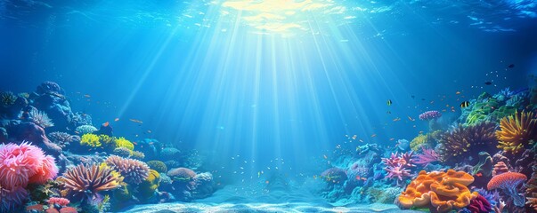 Fototapeta premium Sunbeams illuminate a vibrant coral reef underwater.