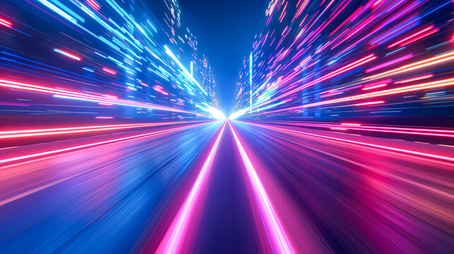 Fast motion acceleration with high speed lines of light on night city road,  front view, traffic moving rapidly, neon colors.