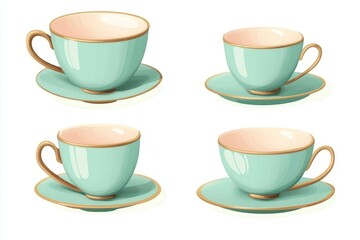 Fototapeta premium Elegant Mint Green Teacups and Saucers Set - A set of four elegant mint green teacups and saucers, perfect for a sophisticated tea party or afternoon tea. The cups and saucers are decorated with a del