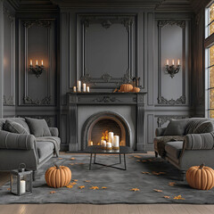 Aesthetic room interior design with Halloween elements. Wall with decoration in the apartment. Holiday pumpkins in the room.