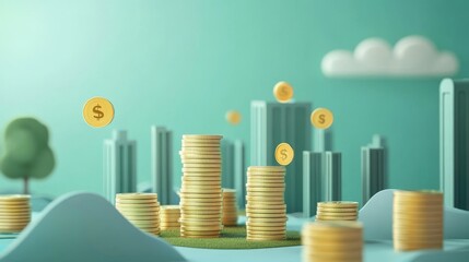 Financial Growth and Prosperity: Cityscape with Stacks of Gold Coins - A city skyline of miniature buildings with stacks of gold coins representing financial growth, prosperity, and wealth. The coins 