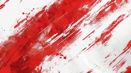 Abstract red and white grunge background texture with brush strokes and paint splatters.