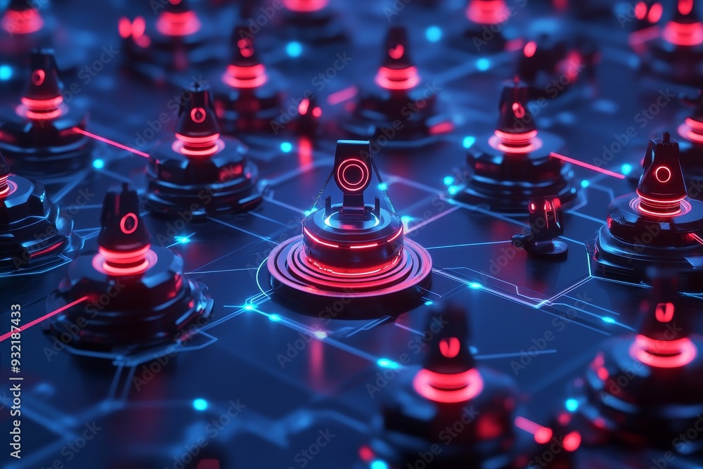Poster futuristic technology network with red glowing lights - futuristic concept of a network, showing con