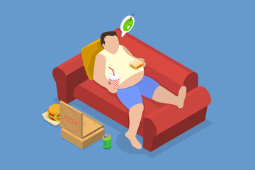 3D Isometric Flat Vector Illustration of Overeating, Lazy Overweight Man Lounging on Couch