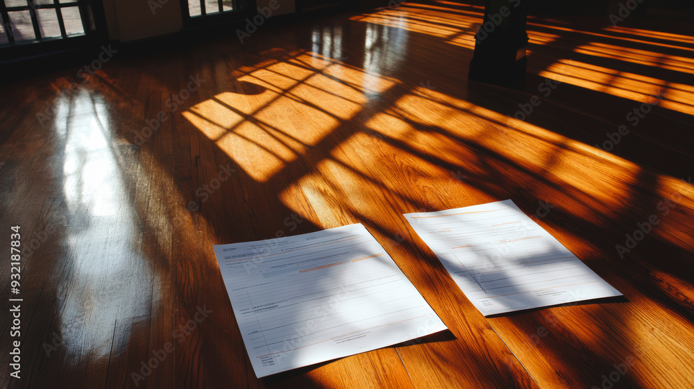 Poster sunlight streams through the window, casting shadows on a wooden floor where two documents lie, bath