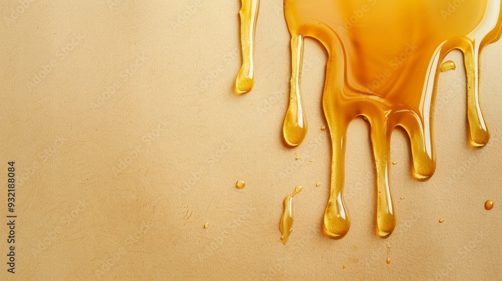 Poster honey cascades down beige paper in a visually appealing display, highlighting its rich color and tex