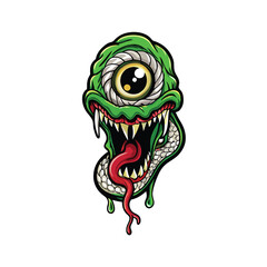 A grotesque one-eyed monster with sharp teeth and a long red tongue, dripping green slime.