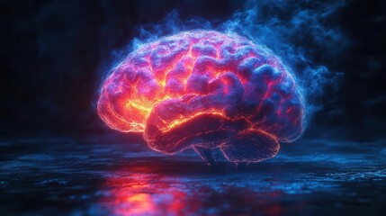 futuristic rendering of a glowing neon human brain pulsating with electric energy against a stark black background