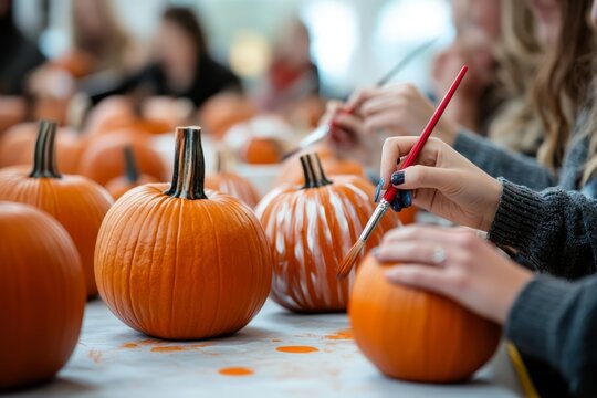 Image 8: Participants are engaged in an autumn craft workshop, painting vibrant orange pumpkins with creative designs and patterns.
