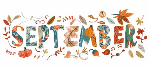 The word "SEPTEMBER" in bold letters, with each letter adorned by autumn motifs like leaves and pumpkins Generative AI