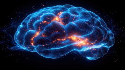 futuristic rendering of a glowing neon human brain pulsating with electric energy against a stark black background