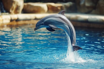 Majestic Dolphin Leaping Out of the Water - A graceful dolphin leaps high above the water's surface, symbolizing freedom, joy, intelligence, and the beauty of nature.