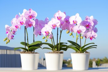 Naklejka premium Pink Orchids in White Pots - Beautiful Floral Arrangement