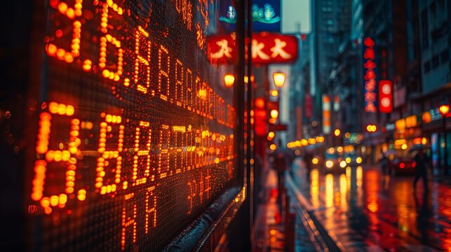 Asian City Street at Night, Stock Market Ticker in Foreground, Bokeh City Lights and Reflections