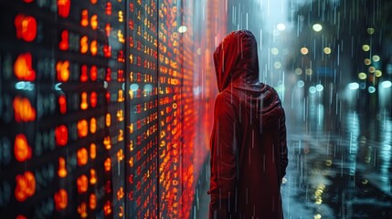 Lonely Figure in Red Cloak Contemplates Stock Market Numbers Reflected in Rain-Soaked City Street