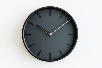 Fototapeta premium Minimalist Black Clock on White Wall - Time Management Concept - A simple black clock with silver hands, symbolizing time, organization, productivity, efficiency, and minimalism.